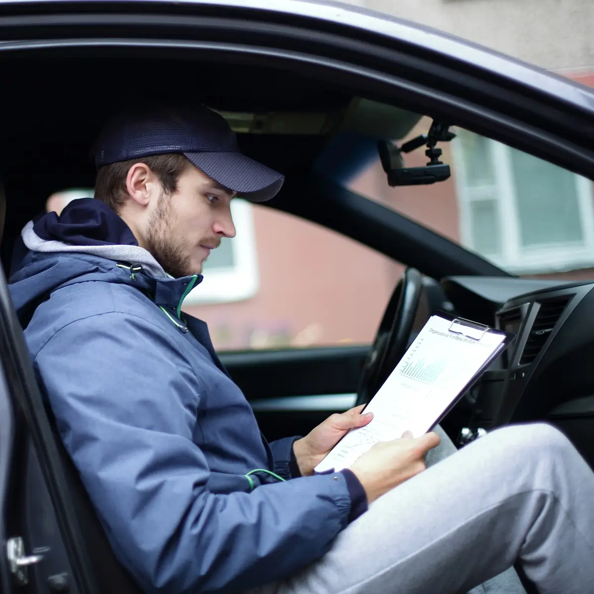 Mann sitzt im Auto und liest Dokumente auf Klemmbrett.