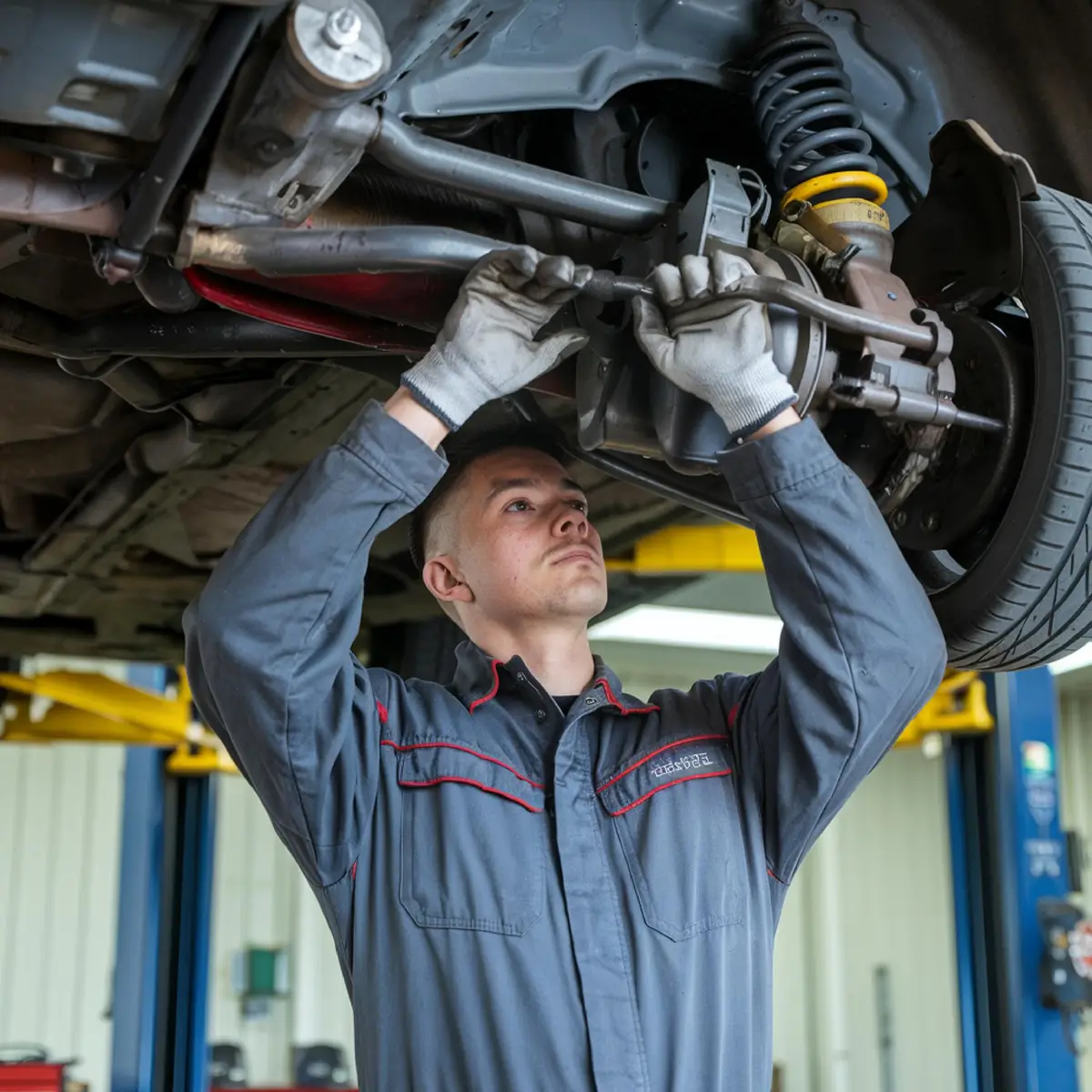 „Kfz-Mechaniker repariert Fahrzeugunterboden in Werkstatt."