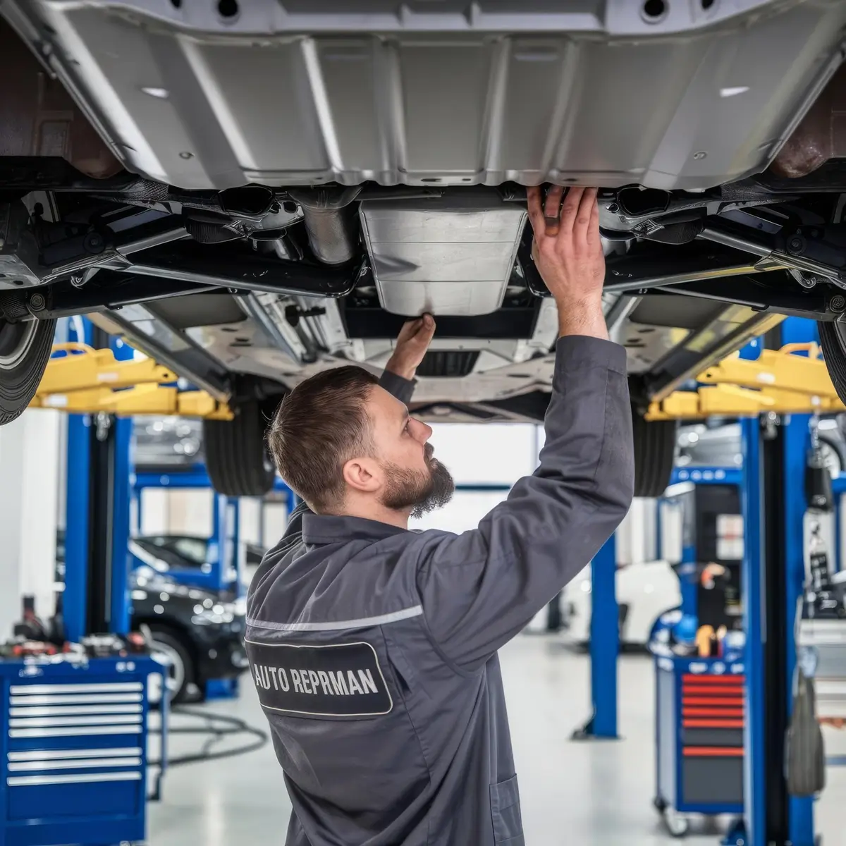 „KFZ-Mechaniker inspiziert Fahrzeugunterseite in Autowerkstatt."