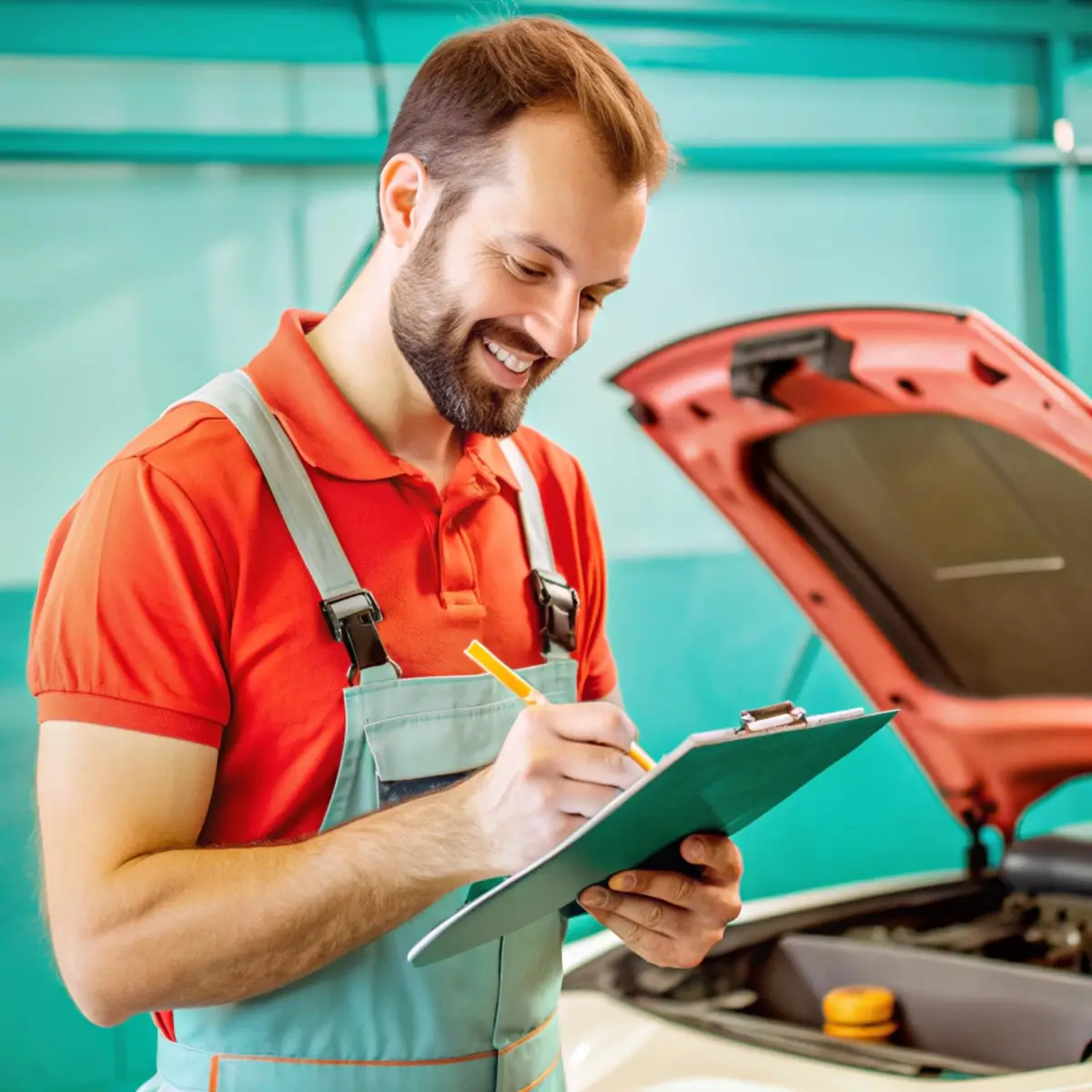 „Lächelnder Kfz-Mechaniker schreibt Checkliste vor geöffneter Motorhaube."