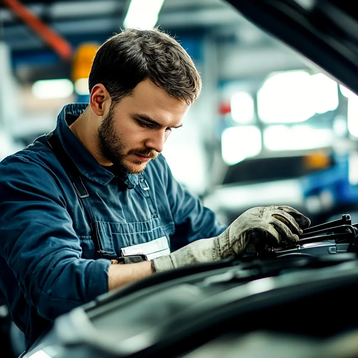 Junger Mechaniker repariert konzentriert einen Automotor in Werkstatt.